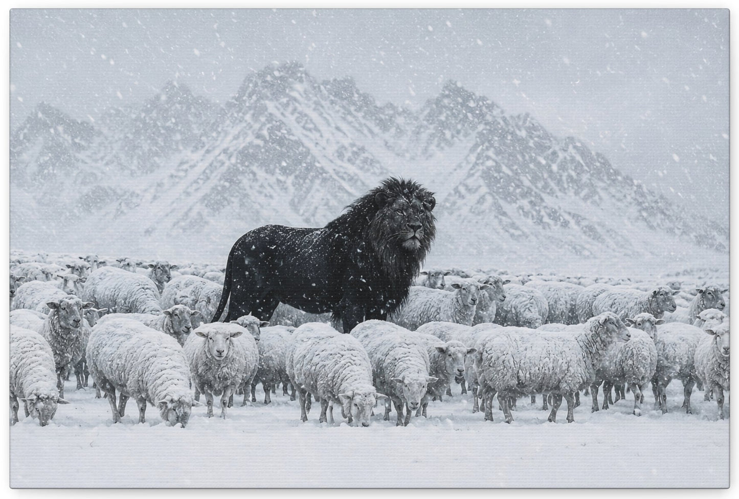 Lion Among Sheep in Snow Matte Canvas Wall Art