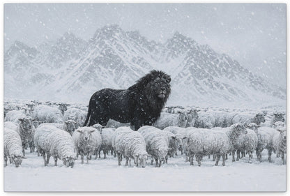 Lion Among Sheep in Snow Matte Canvas Wall Art