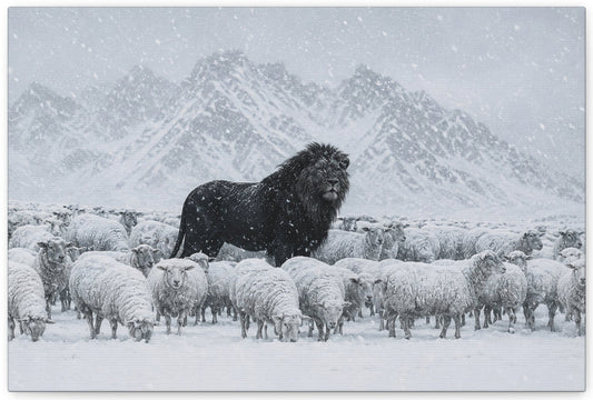 Lion Among Sheep in Snow Matte Canvas Wall Art