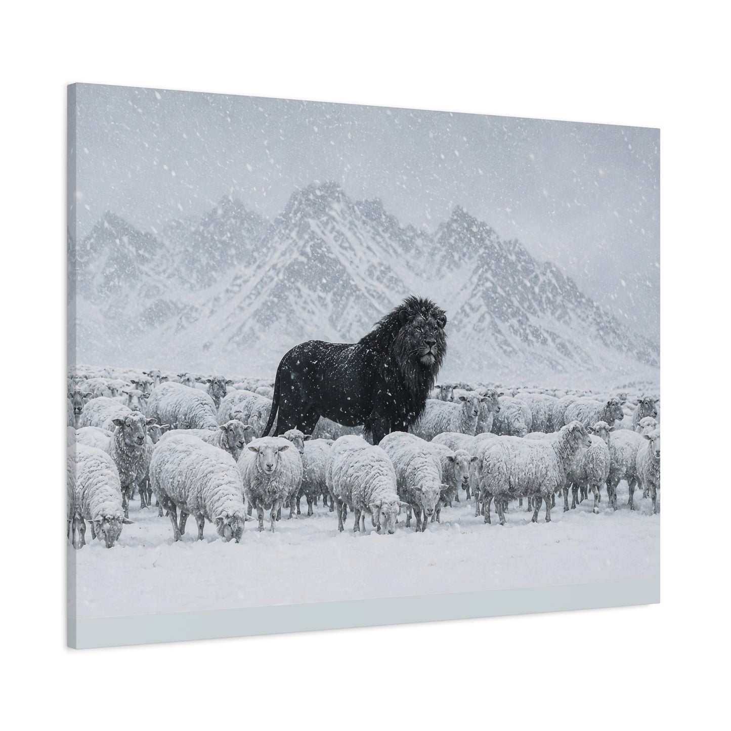 Lion Among Sheep in Snow Matte Canvas Wall Art