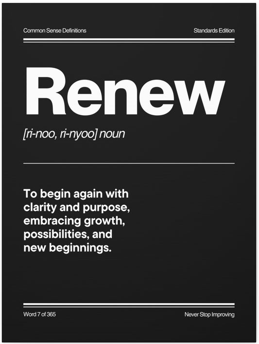 A black canvas art print product with large white text reading 'Renew' and a dictionary-style definition underneath