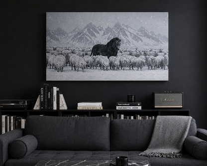 Lion Among Sheep in Snow Matte Canvas Wall Art