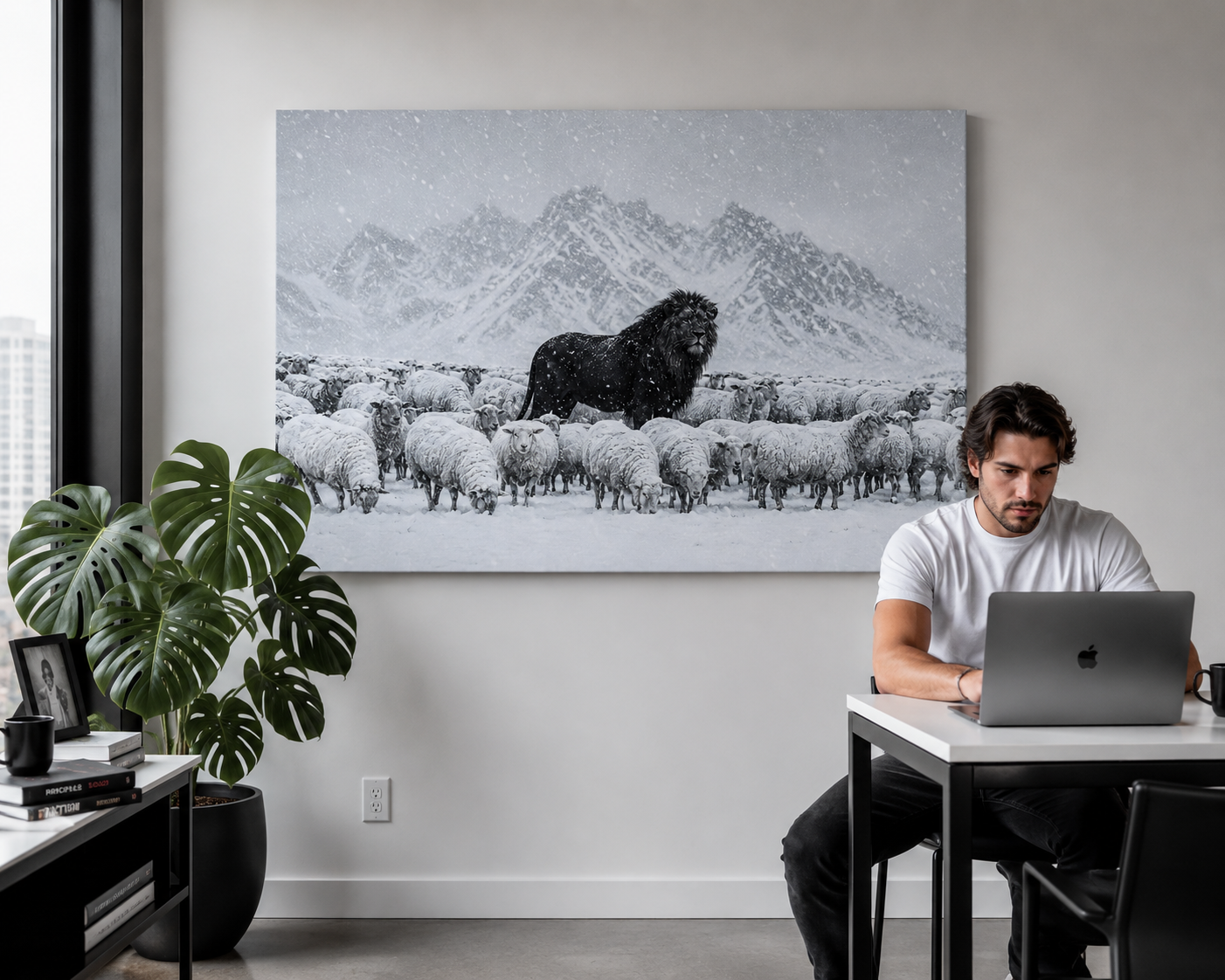 Lion Among Sheep in Snow Matte Canvas Wall Art