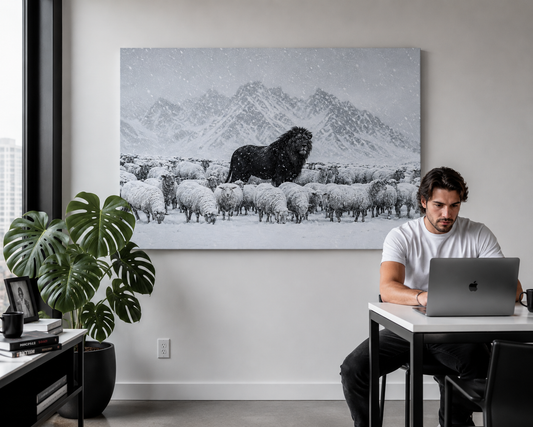 Lion Among Sheep in Snow Matte Canvas Wall Art